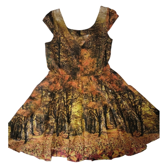 Retrolicious Autumn Woodland Print Dress - Orange Green Brown - Picture 2 of 4